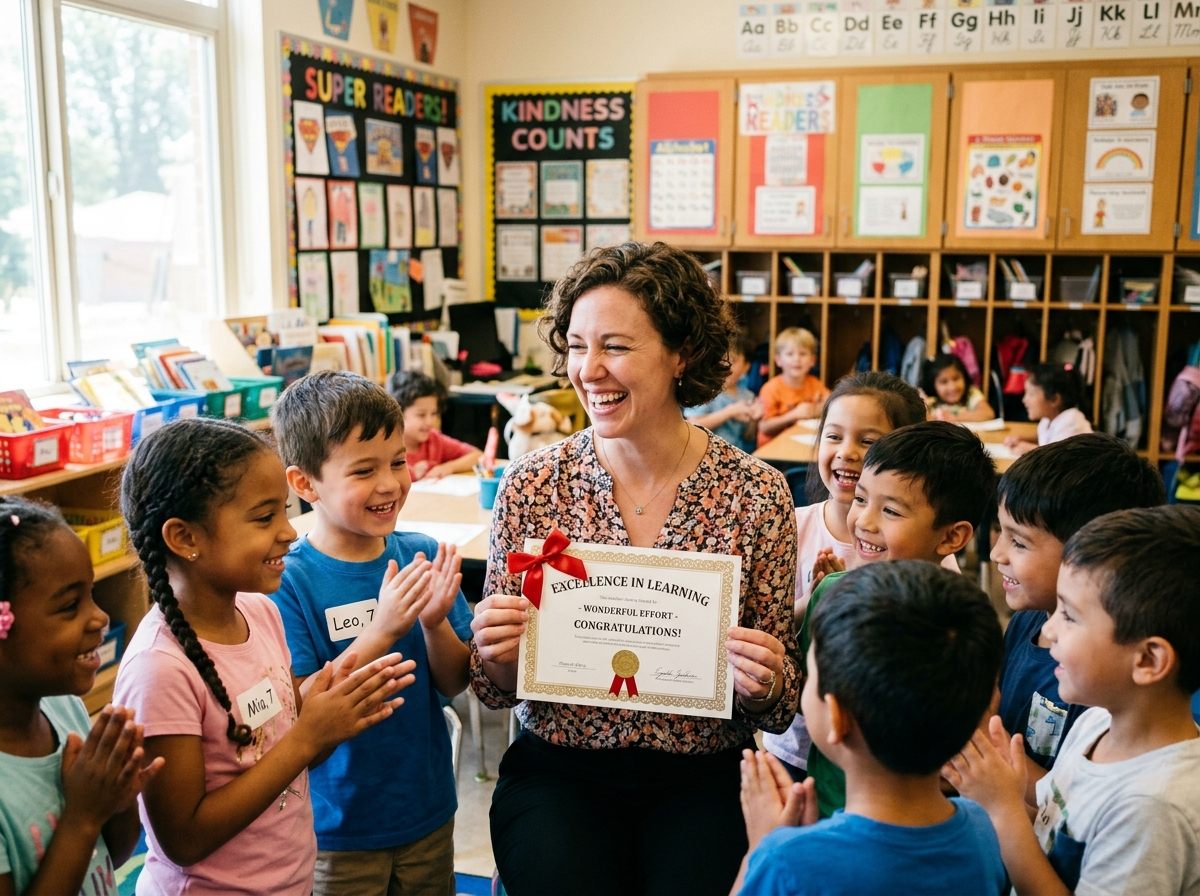 Australian teacher happily holding official keepsake Gift·it CARD